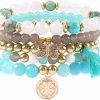 IDEAJOY Bohemian Natural Stone Beaded Bracelets For Women Girls Stackable Stretch Beads Bracelet Set With Charm And Tassel Multilayered Elastic Gemstone Bracelets Summer Beach Boho Jewelry Gift For Women Men Best