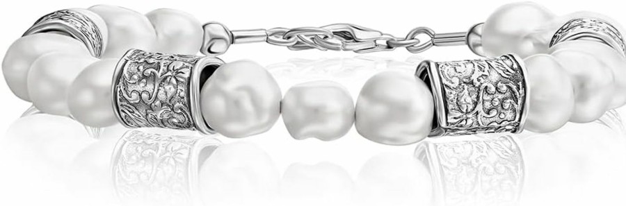 JEAN RACHEL JEWELRY 925 Sterling Silver Bracelet On A 7\" Chain With Freshwater Cultured Pearls Vintage Look Hypoallergenic Nickel And Lead-Free Artisan Handcrafted Designer Collection, Handmade Birthday Jewelry Real Gift Hot