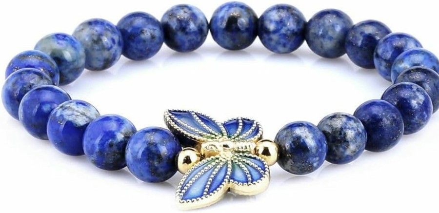 Gem Stone King Gem Stone King 8Mm Simulated-Lapis Lazuli 18K Yellow Gold Plated Silver Cloisonne Enamel Butterfly Bracelet For Women Best