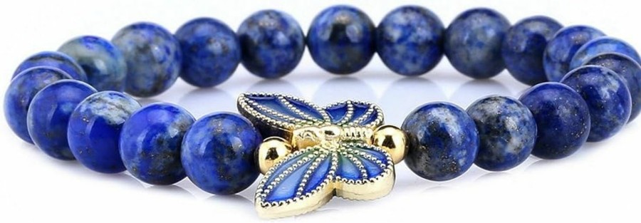 Gem Stone King Gem Stone King 8Mm Simulated-Lapis Lazuli 18K Yellow Gold Plated Silver Cloisonne Enamel Butterfly Bracelet For Women Best