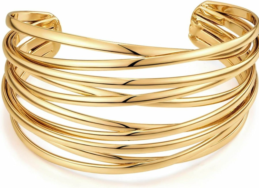 WOWORAMA Woworama Chunky Cuff Bracelets For Women Multi-Layer Cross Wire Open Bangle Bracelet Adjustable Chunky Wide Open Wrist Arm Cuffs Wrap Bracelet Gold/White Gold Best