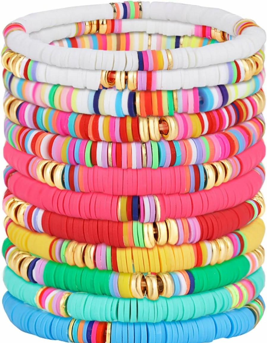 Junkin Junkin 12 Pieces Preppy Bracelets Surfer Heishi Bracelets Stackable Colorful Beaded Stretch Bracelets Elastic Bohemia Bracelets Gift For Women Girls Summer Beach Jewelry Clearance