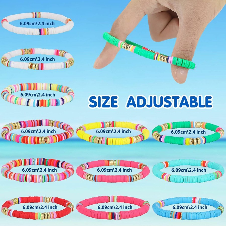 Junkin Junkin 12 Pieces Preppy Bracelets Surfer Heishi Bracelets Stackable Colorful Beaded Stretch Bracelets Elastic Bohemia Bracelets Gift For Women Girls Summer Beach Jewelry Clearance