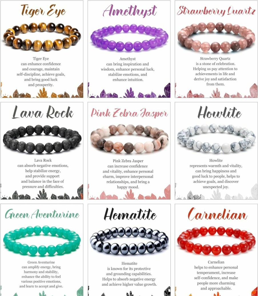 COLOYAN Coloyan 9Pcs Healing Crystal Bracelets Semi-Precious Gemstones Beaded Bracelets 8Mm Natural Stone Stretch Bracelet For Women Men Clearance