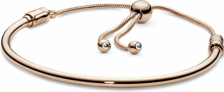 Pandora Pandora Moments 14K Rose Gold-Plated Slider Bangle - Charm Bracelet For Women - Compatible Moments Charms - Features Rose & Cubic Zirconia- Gift For Her - 7.5\" New