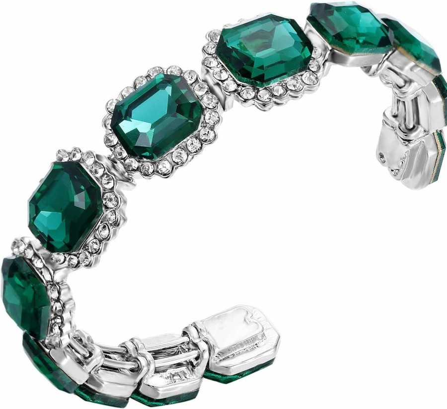 BriLove Brilove Women'S Wedding Bridal Multi Emerald Cut Crystal Open Bangle Stretch Bracelet Hot