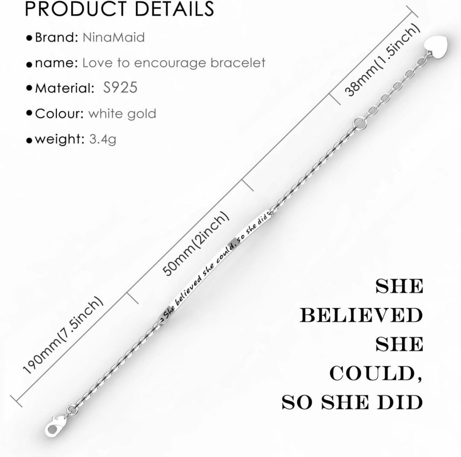 NINAMAID Ninamaid "She Believed She Could So She Did" Engraved 925 Sterling Silver Inspirational Bangle Bracelets Best