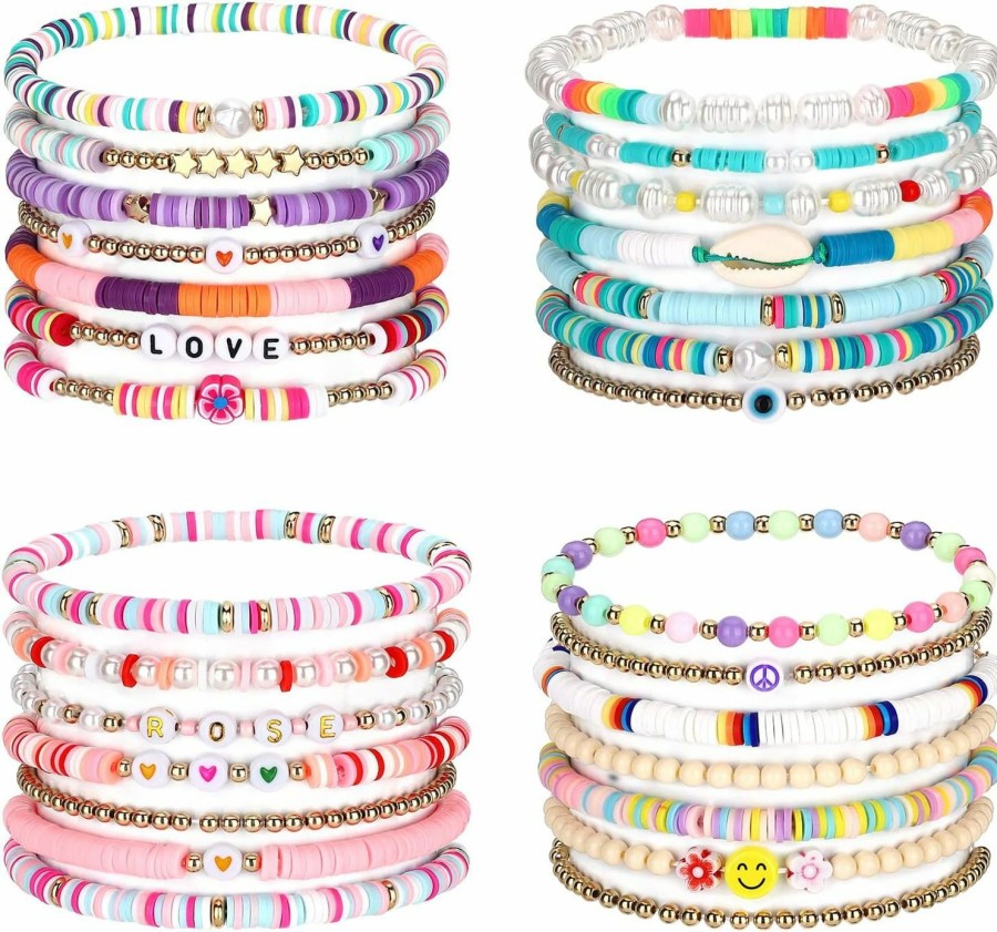 Yaomiao Yaomiao 28 Pcs 4 Set Heishi Surfer Bracelets Set For Women Colorful Preppy Beaded Stretch Bracelet Friendship Bracelets Clay Stackable Boho Disc Party Y2K Aesthetic Beach Jewelry Gift Hot