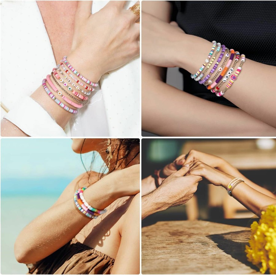 Yaomiao Yaomiao 28 Pcs 4 Set Heishi Surfer Bracelets Set For Women Colorful Preppy Beaded Stretch Bracelet Friendship Bracelets Clay Stackable Boho Disc Party Y2K Aesthetic Beach Jewelry Gift Hot