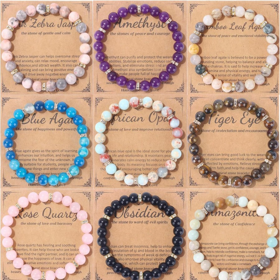 MOZAKA Mozaka 9Pcs Natural Crystal Bracelets For Women Men - 8Mm Semi-Precious Gemstone Beaded Bracelets, Healing Stretch Round Beads Bracelets Uni Jewelry Gift Hot