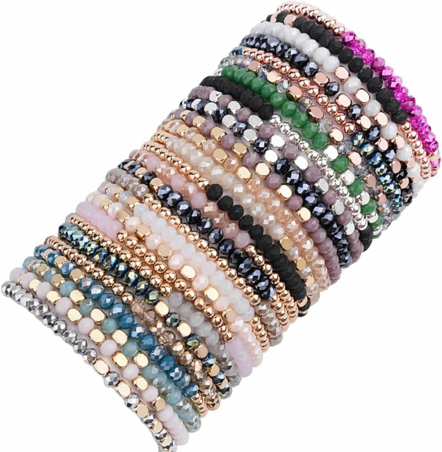 WAINIS Wainis 27-28Pcs Delicate Boho Beaded Bracelet Multi Layer Versatile Statement Bracelets Stackable Stretch Cuff Sparkly Glass Crystal Beads Bracelets Clearance