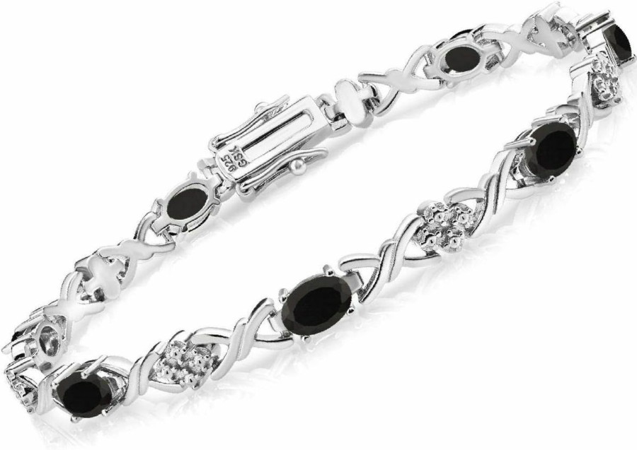 Gem Stone King Gem Stone King 925 Sterling Silver Black Onyx Tennis Bracelet For Women (3.20 Cttw, Gemstone December Birthstone, Oval 6X4Mm, 7 Inch) New