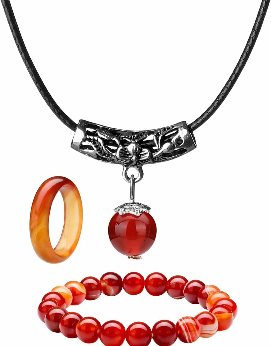 Hicarer Hicarer Carnelian Crystal Necklace For Women Men Red Carnelian Rings Natural Relieve Anxiety Gemstone Bracelet Crystal Quartz Chakra Gems Stones New