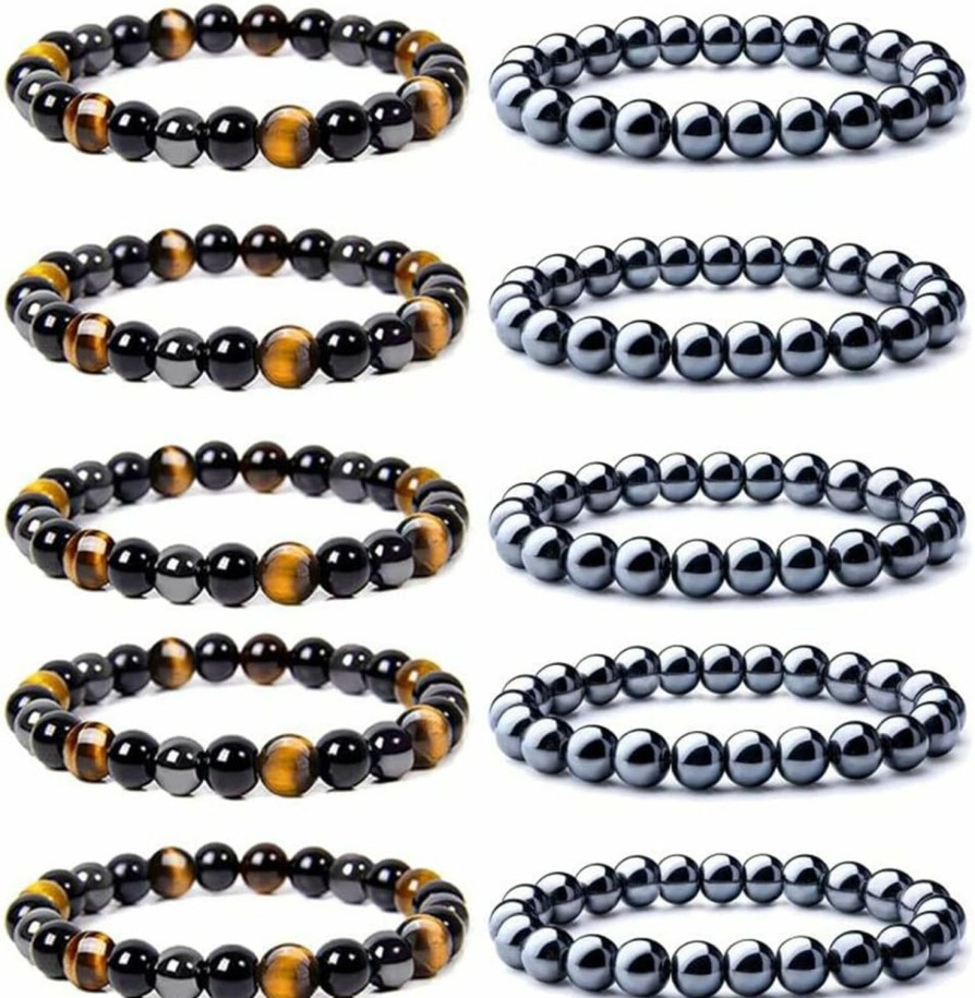 WAINIS Wainis 10Pcs 8Mm Black Hematite Magnetic Bead Therapy Bracelet For Men Women Stone Bracelet Stress Relieving Triple Protection Anxiety Relief Bracelet Jewelry Best