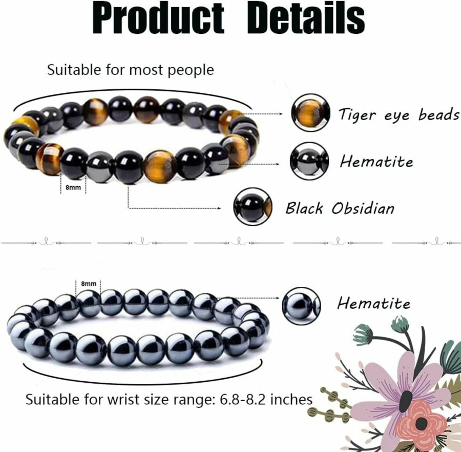 WAINIS Wainis 10Pcs 8Mm Black Hematite Magnetic Bead Therapy Bracelet For Men Women Stone Bracelet Stress Relieving Triple Protection Anxiety Relief Bracelet Jewelry Best