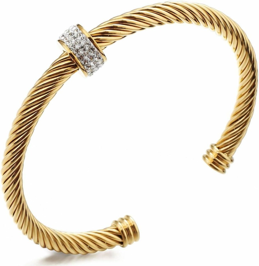 Dorriss Dorriss Cable Cuff Bracelets, Stainless Steel Twisted Wire Composite Bracelet Bangles, Adjustable Elegant Antique Jewelry With Rhinestone For Women, Ladies, Girls, Teens, Gift Idea (Silver And Gold) Hot