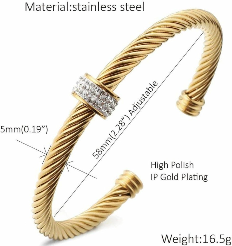 Dorriss Dorriss Cable Cuff Bracelets, Stainless Steel Twisted Wire Composite Bracelet Bangles, Adjustable Elegant Antique Jewelry With Rhinestone For Women, Ladies, Girls, Teens, Gift Idea (Silver And Gold) Hot