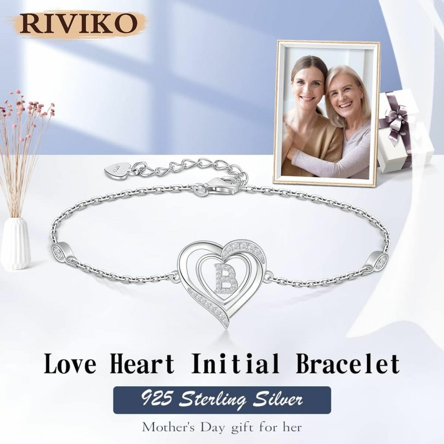 RIVIKO Riviko Heart Initial Bracelets For Women, 925 Sterling Silver Dainty Letter Bracelets , Personalized Initial Charm Alphabet Jewelry Valentines Christmas Anniversary Birthday Gifts For Women Girls Her Mom Wife Lady Online