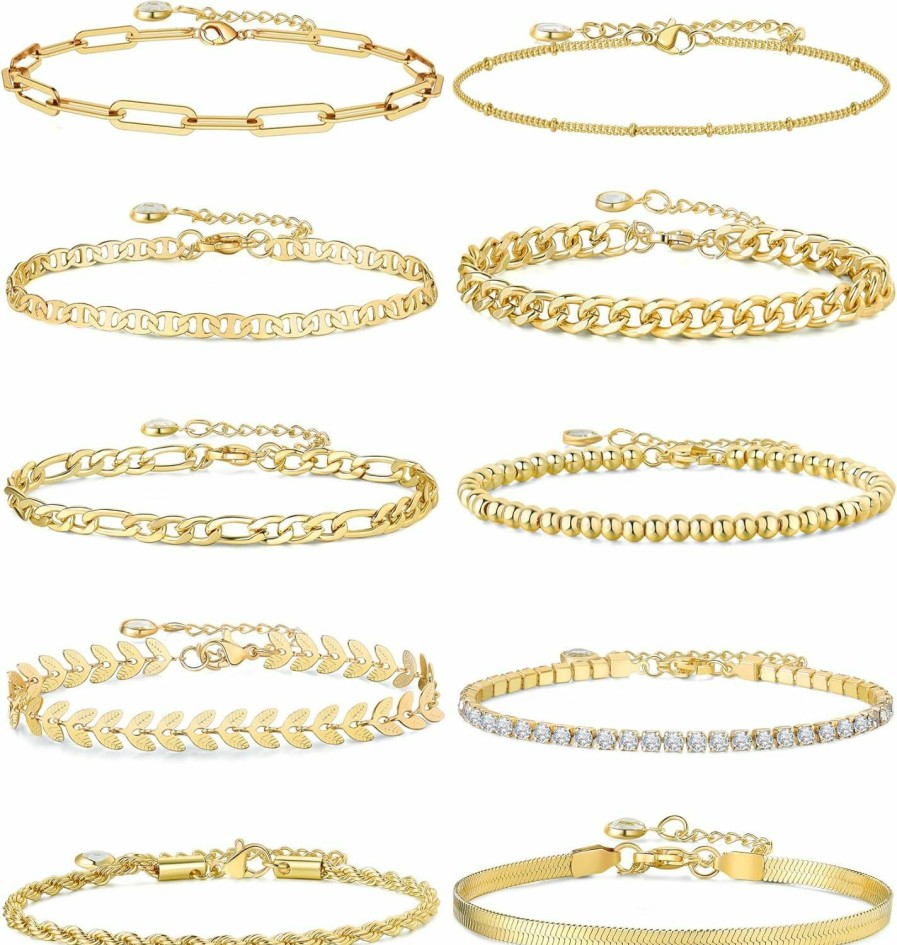 Cocamiky Gold Silver Chain Bracelets Sets For Women Girls Stainless Steel Dainty 14K Real Gold Plated Link Paperclip Bead Bracelets Stackable Adjustable Layered Metal Fashion Jewelry New