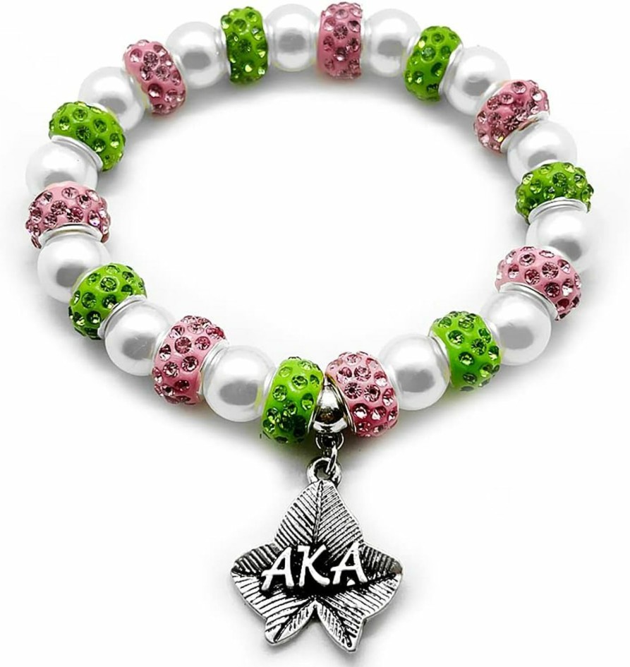 Youngsome Youngsome Pink Green Sorority Society Jewelry Alpha Letter Metal Pendant Pearl Elastic Bracelet Hot