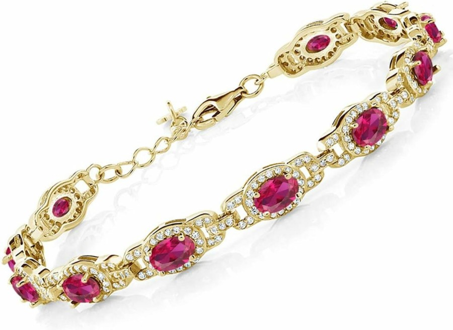 Gem Stone King Gem Stone King 18K Yellow Gold Plated Silver Oval Red Created Ruby Tennis Bracelet For Women (14.60 Cttw, 7 Inch With 1 Inch Extender) Best