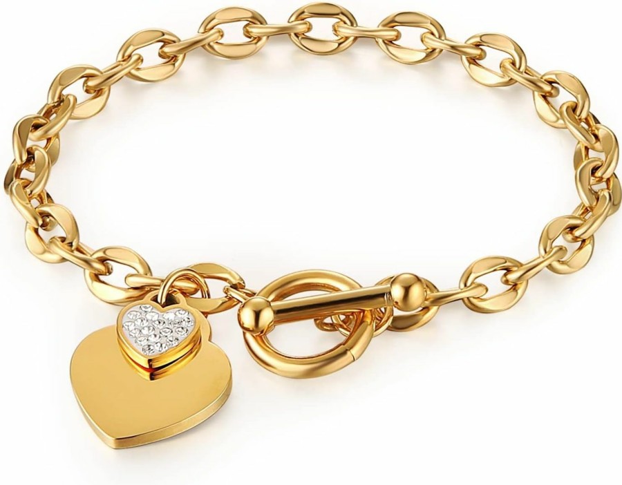 HZMAN Hzman Stainless Steel Silver/Rose/18K Gold Plated Zircon Heart Bracelet For Women Girls Romantic Gift Toggle Clasp Link Bracelets Online