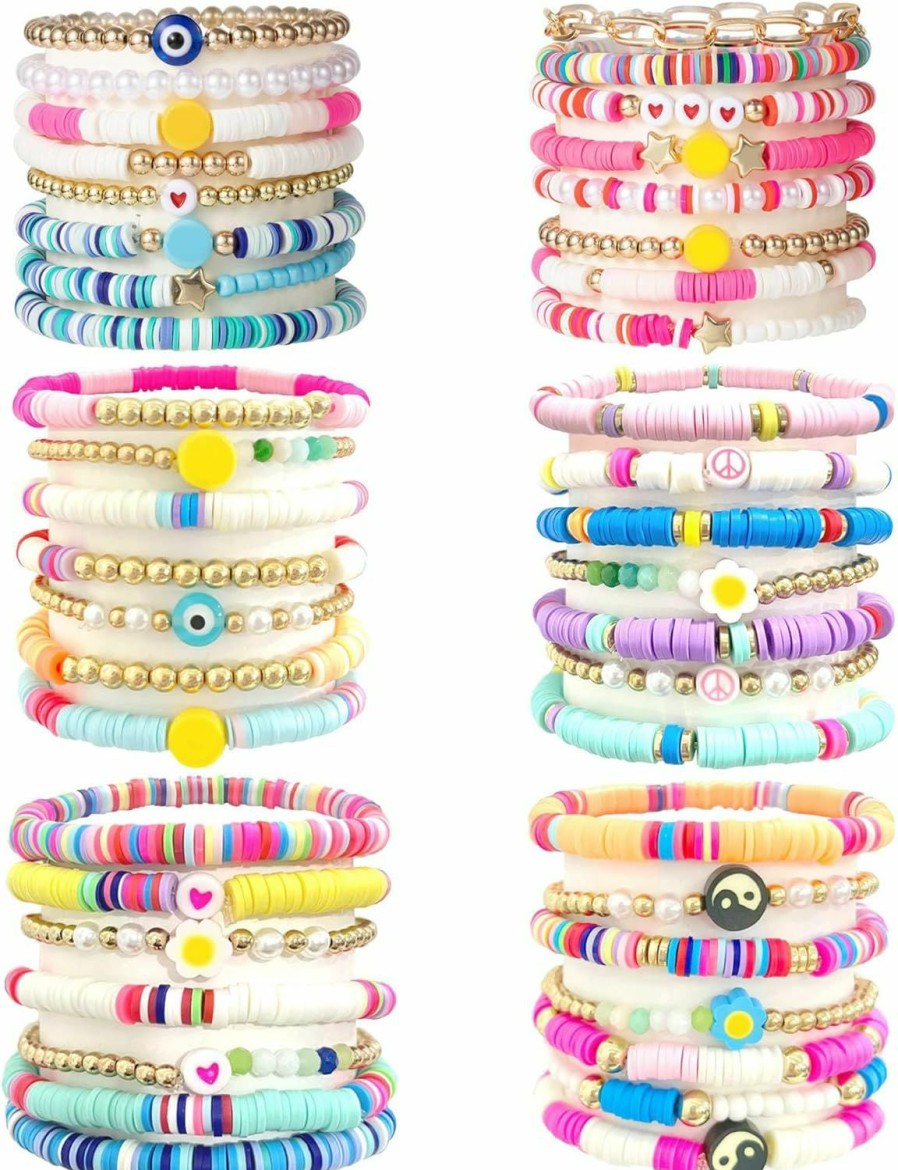 WAINIS Wainis 44 Pcs Preppy Bracelets Set Colorful Heart Star Evil Eye Beaded Polymer Clay Pearl Stackable Charm Y2K Kidcore Summer Beach Bohemian Layering Bracelets For Women Wholesale