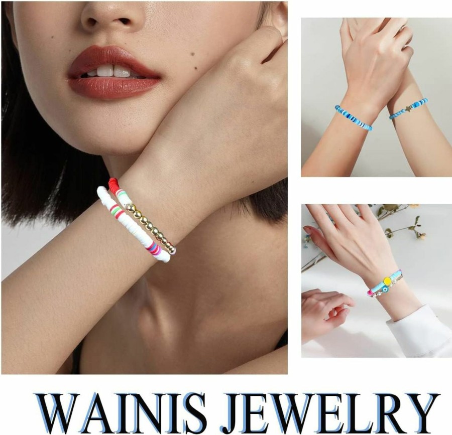 WAINIS Wainis 44 Pcs Preppy Bracelets Set Colorful Heart Star Evil Eye Beaded Polymer Clay Pearl Stackable Charm Y2K Kidcore Summer Beach Bohemian Layering Bracelets For Women Wholesale