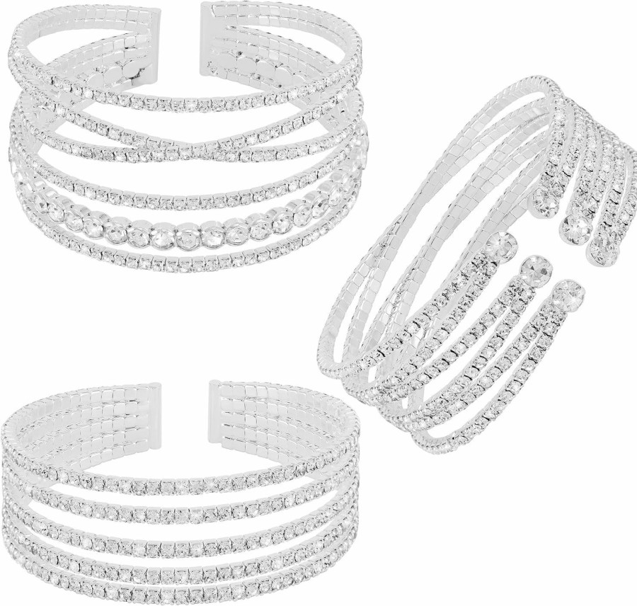 MOZAKA Mozaka 3Pcs Crystal Rhinestone Cuff Bracelet For Women Silver Strand Layered Bridal Bracelet Jewelry For Prom Party Wedding Clearance