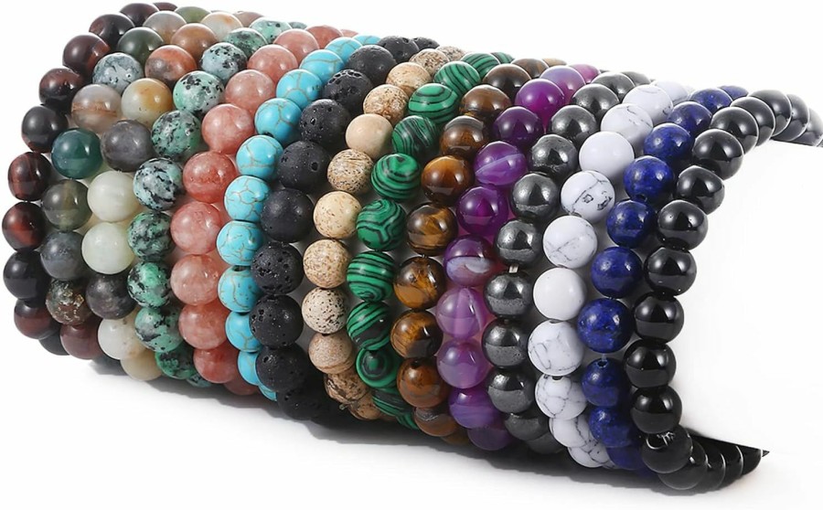 SONNYX Sonnyx 15 Pcs 8Mm Gorgeous Semi-Precious Gemstones Bracelets Round Beaded Bracelets For Women Men Stone Crystal Healing Stretch Beads Bracelet Uni New