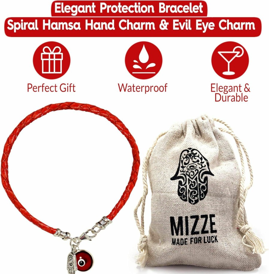 MIZZE Made for Luck Hamsa Hand Protection Bracelet For Women - Silver Hamsa Charm On Red Leather Evil Eye Bracelet - Ojo Jewelry - Birthday Anniversary Friendship Gift Wholesale