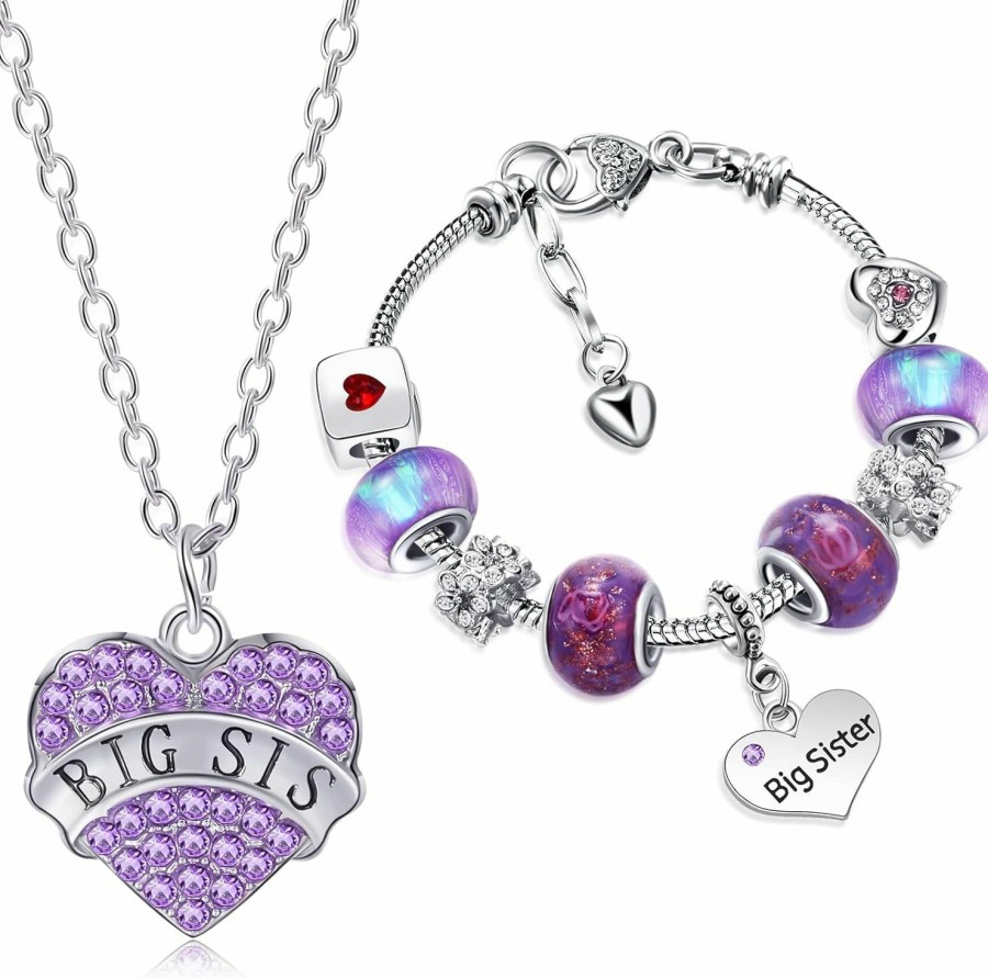 Yaomiao Yaomiao Big Sister Gifts Charm Bracelet Big Sis Shiny Crystal Charm Bracelet Bangle Jewelry And Heart Big Sister Necklace For Women Girls Sister Necklace Charm With Unicorn Box Greeting Card New