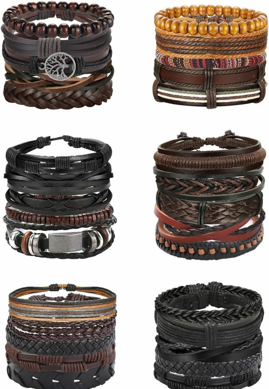 Florideco Florideco 30Pcs Braided Leather Bracelets For Men Women Wrap Wood Beads Bracelet Woven Ethnic Tribal Rope Wristbands Bracelets Set Adjustable Wholesale