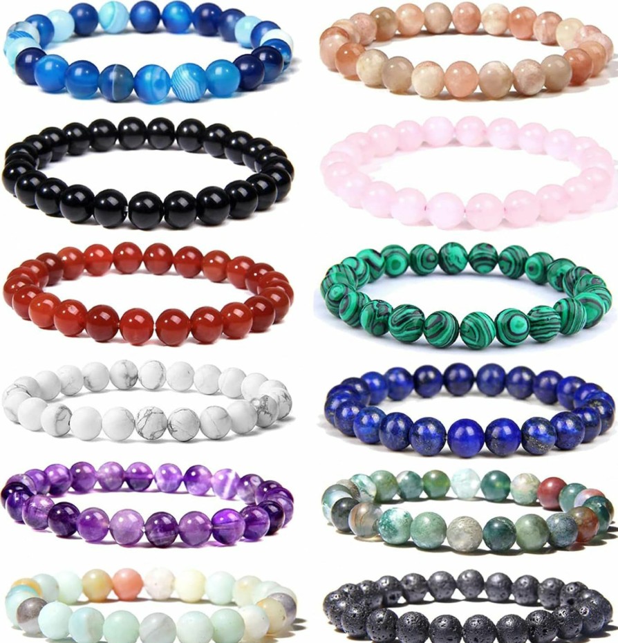 WAINIS Wainis 12Pcs 8Mm Semi-Precious Beaded Bracelets For Men Women Healing Stretch Round Bead Crystal Gemstones Bracelets Uni Online