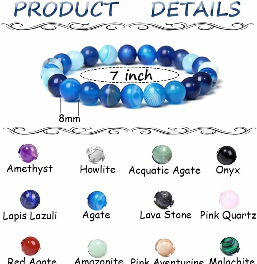 WAINIS Wainis 12Pcs 8Mm Semi-Precious Beaded Bracelets For Men Women Healing Stretch Round Bead Crystal Gemstones Bracelets Uni Online