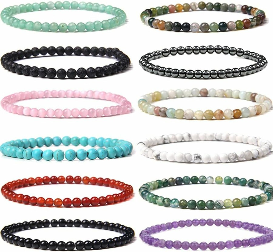 SONNYX Sonnyx 12 Pieces 4Mm Mini Gemstone Energy Bracelets Natural Gemstone Handmade Crystal Beaded Power Stretch Bracelet Uni Couple Bracelets Wholesale