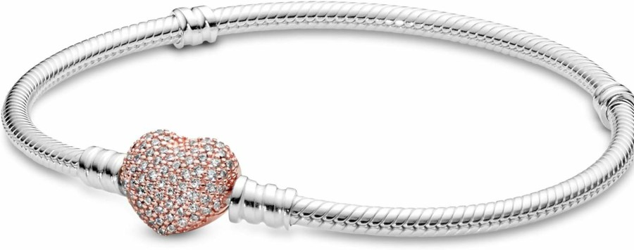 Pandora Pandora Jewelry - Moments Pave Heart Clasp Snake Chain Cubic Zirconia Bracelet - Gift For Her - Pandora Rose - 6.7\" Hot