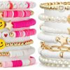 LieToi Lietoi Preppy Heishi Bracelets Set Colorful White Gold Smile Heart Star Evil Eye Beaded Polymer Clay Pearl Stackable Charm Y2K Kidcore Summer Beach Bohemian Layering Bracelets Jewelry For Women Girls Teens New