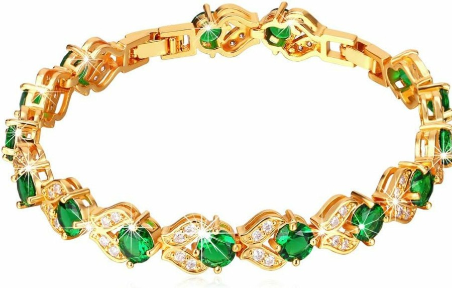 U7 U7 Green Emerald/Blue/Red/Colorful Tennis Bracelets, 18K Gold Plated Platinum Link Chain Diamond Cut Simulated Gem Crystal Bracelet,Resizable Length 6-8 Inches,Wedding Mothers Day Gift For Women Best