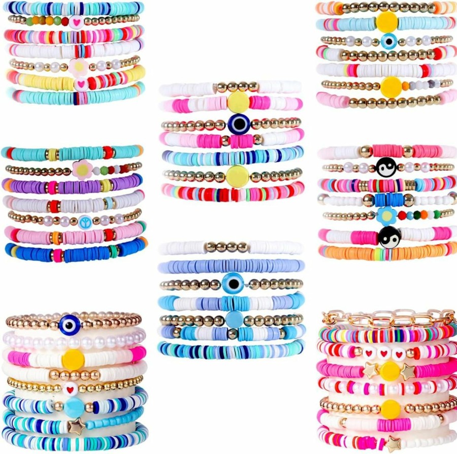 Svovin Svovin 58 Pcs Preppy Heishi Bracelets Set Colorful White Gold Heart Star Evil Eye Beaded Polymer Clay Pearl Stackable Charm Y2K Kidcore Summer Beach Bohemian Layering Bracelets Jewelry For Women Best