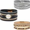 Wovanoo Wovanoo Leather Wrap Bracelet Set 3Pack Wrist Cuff Bracelet For Women Girls Multilayer Magnetic Clasp Bracelet Feather Tree Bead Crystal Bracelet Hot