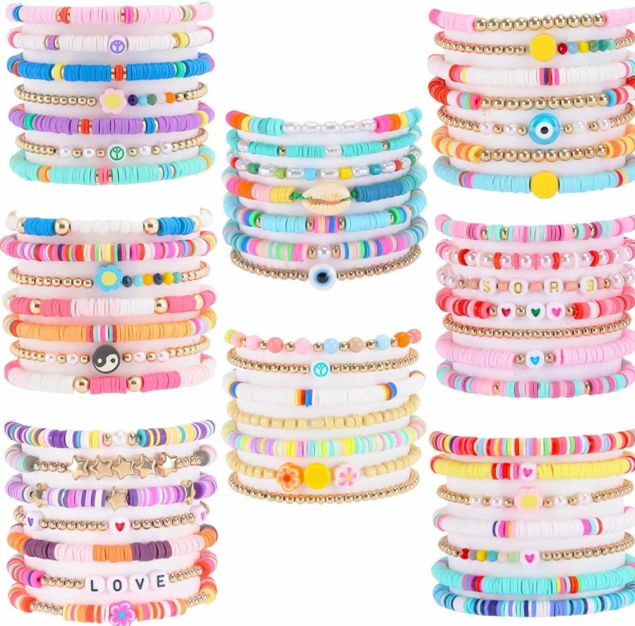 WAINIS Wainis 56 Pcs Preppy Heishi Bracelets For Women Colorful Heart Star Evil Eye Flower Beaded Polymer Clay Pearl Stackable Bracelet Charm Y2K Kidcore Summer Beach Surfer Bohemian Layering Bracelets Clearance