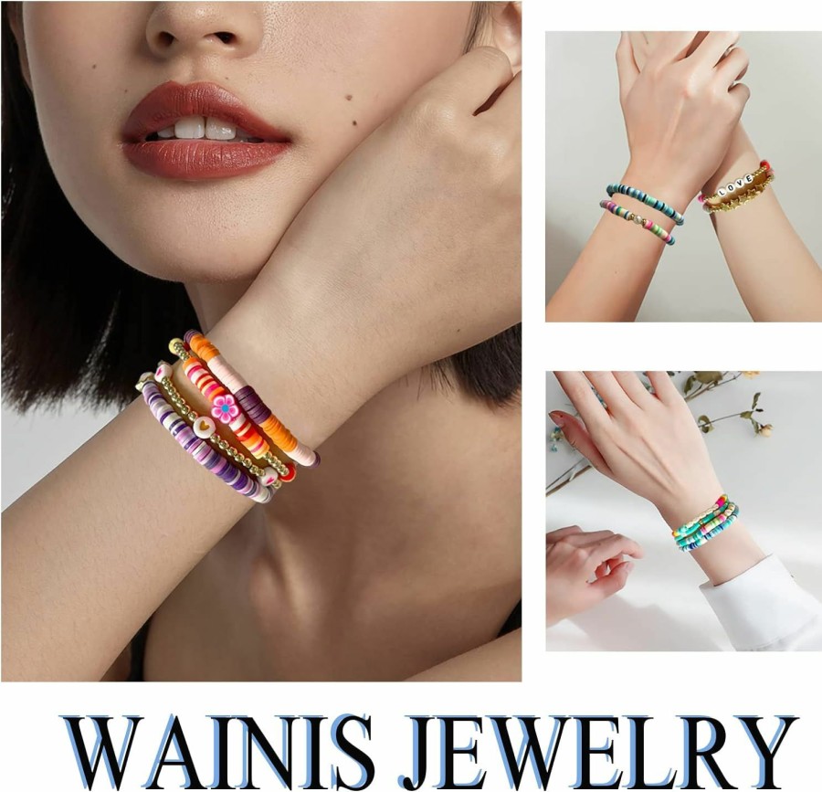 WAINIS Wainis 56 Pcs Preppy Heishi Bracelets For Women Colorful Heart Star Evil Eye Flower Beaded Polymer Clay Pearl Stackable Bracelet Charm Y2K Kidcore Summer Beach Surfer Bohemian Layering Bracelets Clearance