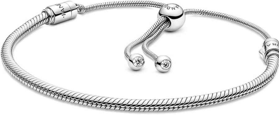 Pandora Pandora Moments Snake Chain Slider Bracelet - Charm Bracelet For Women - Mother'S Day Gift - Sterling Silver With Clear Cubic Zirconia - 11\" Hot